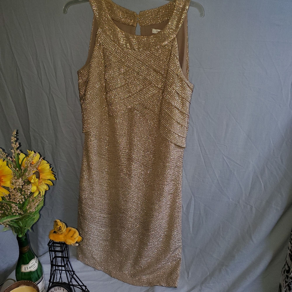 Max and Cleo gold silver party dress. Sleeveless. Rounded neckline. Keyhole back